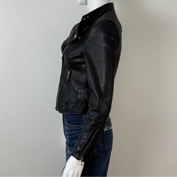 AllSaints Bircham Biker Leather Jacket Size 2 Black with Silver Hardware - Picture 5 of 15